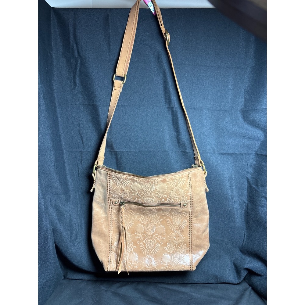 The Sak Tan Leather Embossed Floral Mandala Crossbody Bag Adjustable Strap Brass